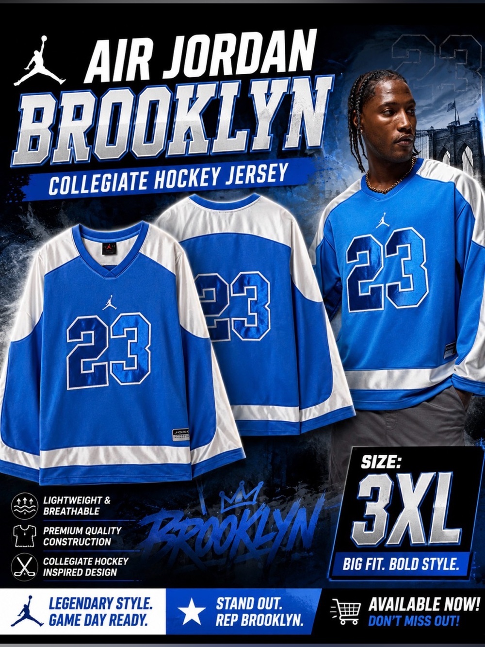 Air Jordan Brooklyn Collegiate Hockey Jersey
Size 3XL, 'Sport Blue/Sail'
